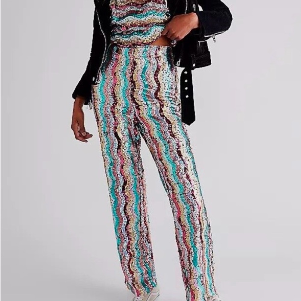 Free People Multicolor Sequin Wide-Leg Stripe Pants